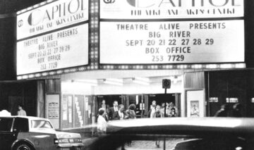 Black and white photo of the Capitol Theatre Marquee