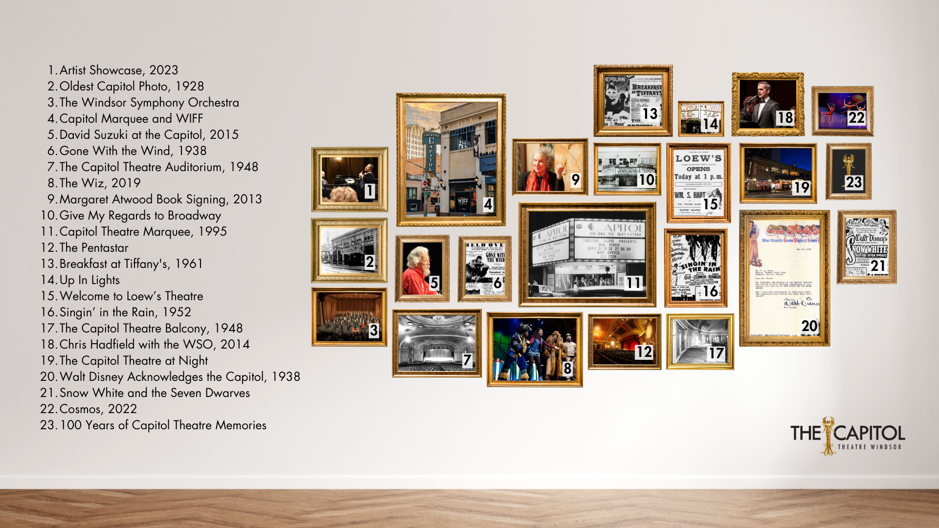 Digital gallery wall with gold frames and photo descriptions. Caption available below.